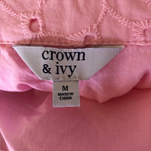 CROWN & IVY Pink Eyelet Tiered Baby Doll 3/4 Sleeve Dress Medium - Picture 12 of 16